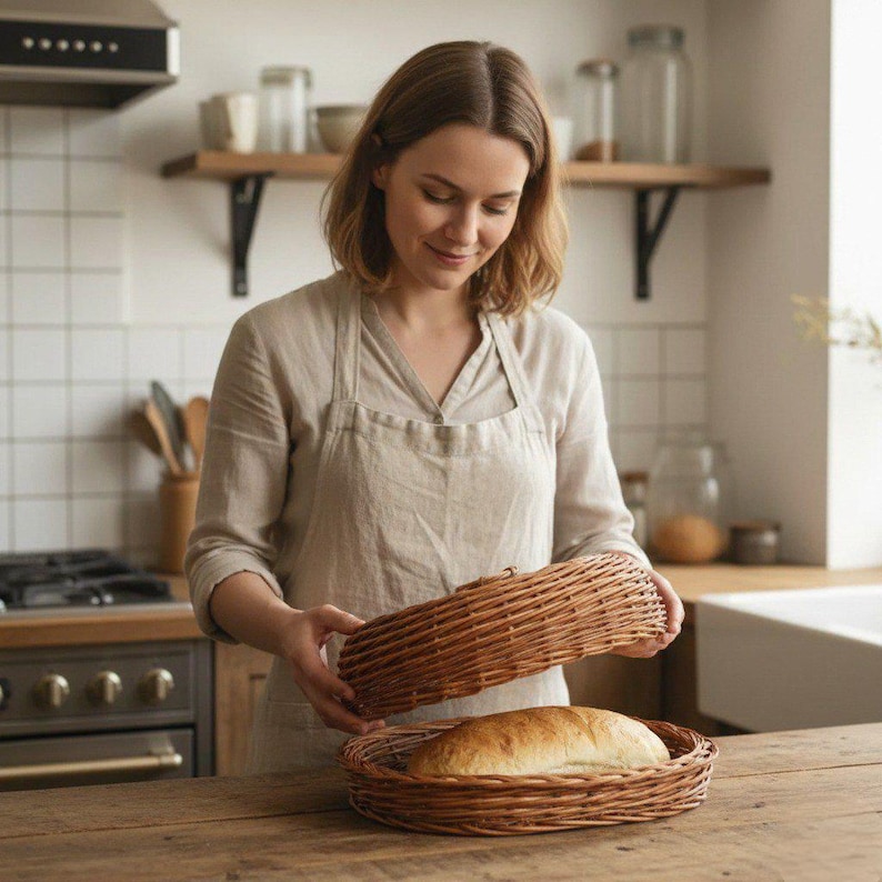 Cesta de pan de mimbre con tapa - Panera de ratán hecha a mano - Almacenamiento rústico para cocina - Panera bohemia - Natural o blanca - 40 x 30 x 15 cm imagen 2