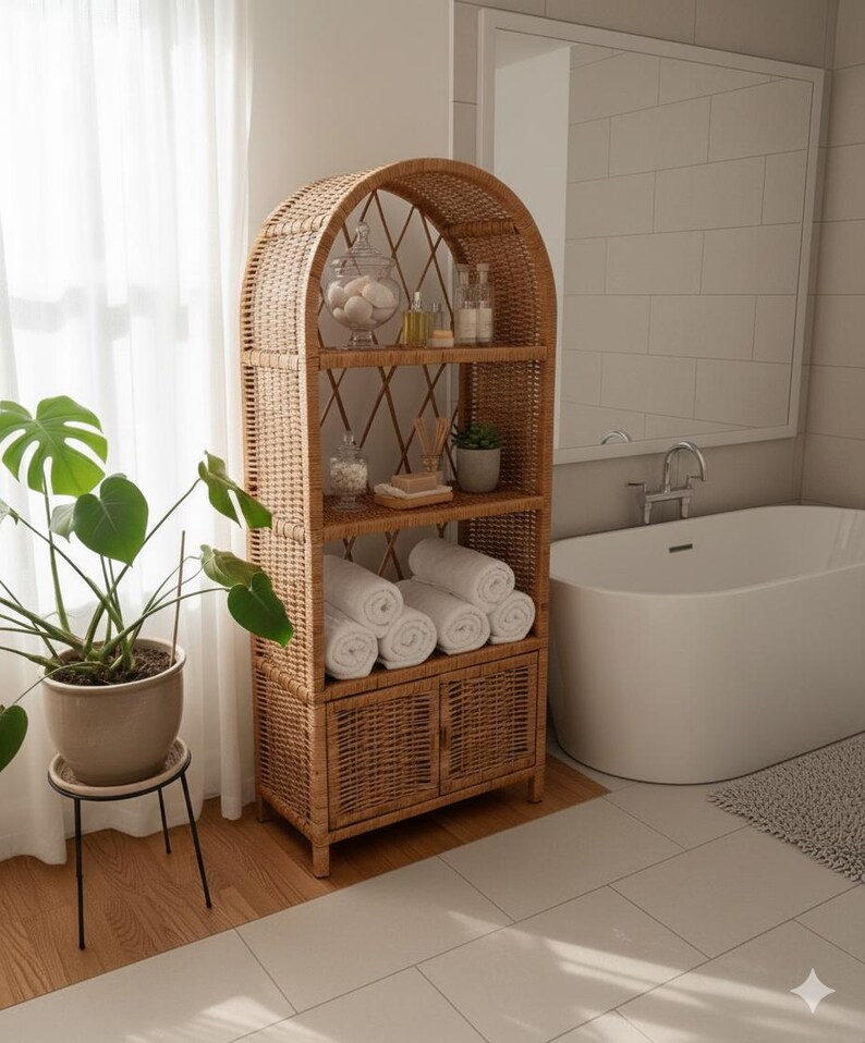 Wicker Shelf Unit With Cabinet – Rattan Bookcase, Boho Cane Furniture ...