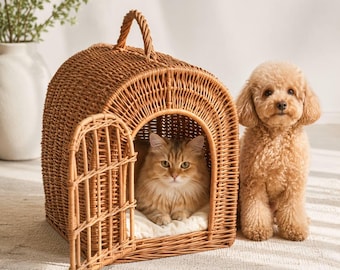 Haustiertransportbox aus Weide, Katzentransportbox, Transportbox für kleine Hunde, Katzenhaus aus Naturweide, Reisekorb für Haustiere mit sicherer Tür