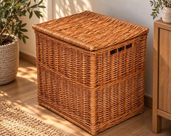 May include: A rectangular storage basket crafted from woven light brown wicker, featuring a flat lid and integrated side handles. The basket has a structured, boxy design with a consistent weave pattern throughout its exterior surface.