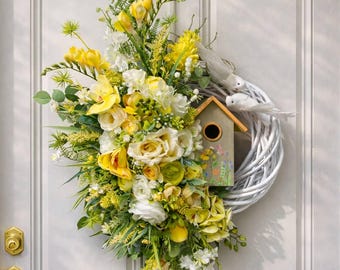 Wiosenny wianek na drzwi z budką dla ptaków, duży wianek kwiatowy na drzwi wejściowe, letnia dekoracja, wieniec powitalny, prezent na nowy dom