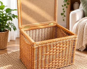 May include: A rectangular wicker storage basket with a hinged lid that stands open. The basket features a woven light brown rattan construction with a smooth, flat interior panel on the underside of the lid and metal hinges connecting the lid.