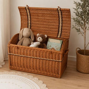 Puede incluir: Un baúl de almacenamiento rectangular de mimbre trenzado marrón con tapa abatible abierta. Dentro del baúl hay un conejo de peluche beige, un oso de peluche marrón, un pequeño juguete de peluche blanco y un libro con cubierta verde claro.