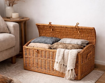 May include: A rectangular woven wicker storage trunk with a hinged lid, featuring a natural light brown finish. The trunk is filled with several folded knit blankets in shades of gray, beige, and brown, with a cream-colored fringed throw draped over the front edge.