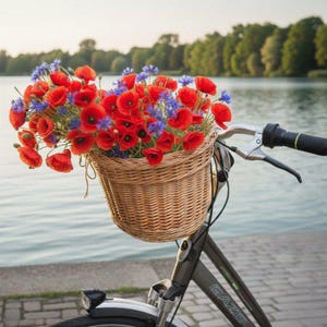 May include: A bicycle with a woven basket filled with vibrant red poppies and blue flowers. The basket is attached to the handlebars, and the bike is gray. The background shows a lake and trees.