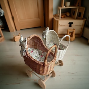 Handmade Willow Doll Stroller – Natural Wicker Toy Pram | Eco Toy for Kids | Nursery or Photo Prop | With or Without Bedding | 2 Colors