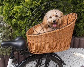 Wicker Dog Bike Basket with Wire Cage Safety Cover - Rear Rack Bicycle Carrier for Pets up to 33 lbs - Willow Pet Seat for Small Medium Dogs
