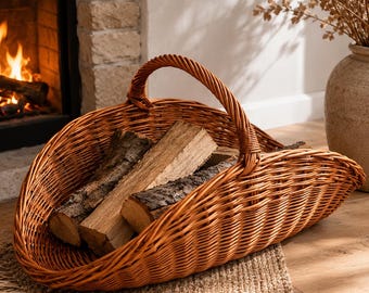 May include: A large, oval-shaped, light brown woven wicker basket with a single arched handle. The basket is filled with several pieces of split firewood, featuring rough, textured bark on the exterior and light-colored wood grain on the ends.