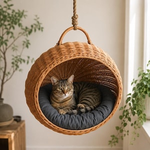 Puede incluir: Una cama colgante redonda para gatos hecha de mimbre tejido de color marrón claro, suspendida por una cuerda gruesa. El interior cuenta con un cojín circular gris oscuro donde descansa un gato atigrado marrón. Tiene un asa curva superior.