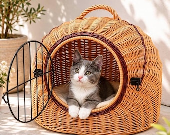 Transportín de mimbre para gatos y perros pequeños, cesta de sauce natural para gatos, transportín de viaje transpirable con puerta metálica.