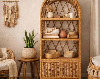 Wicker Shelf Unit with Cabinet – Rattan Bookcase, Boho Cane Furniture, Handmade Wicker Storage Shelf for Living Room, Entryway, Bedroom