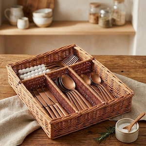 May include: A rectangular woven wicker cutlery organizer with four compartments. The organizer holds copper-toned knives, spoons, and forks with white, textured, spherical handles. A small ceramic bowl with salt and a wooden spoon sits nearby.