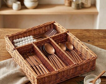 May include: A rectangular woven wicker cutlery organizer with four compartments. The organizer holds copper-toned knives, spoons, and forks with white, textured, spherical handles. A small ceramic bowl with salt and a wooden spoon sits nearby.