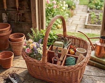 May include: A woven wicker garden basket with a central handle and multiple compartments containing fresh herbs, small flowers, gardening shears, a ball of green twine, seed packets, and a small ceramic pot, set on a wooden surface.