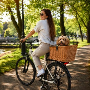 May include: A woman rides a white bicycle with a wicker basket carrier for a small dog. The dog is light brown with a happy expression. The bike is on a paved path lined with trees.