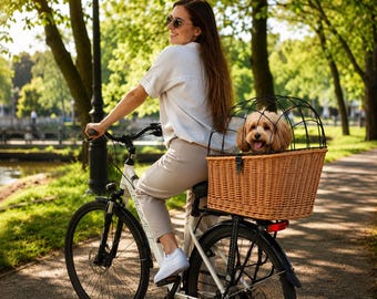 Rieten hondenfietsmand met veiligheidsgaas - Achterdrager voor huisdieren tot 15 kg - Willow hondenzitje voor kleine en middelgrote honden