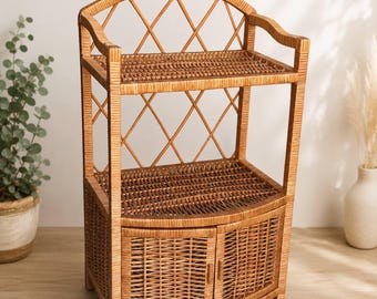 Wicker Bathroom Shelf Cabinet, Rattan Storage Organizer, Narrow Entryway Stand, Natural Willow Storage Unit