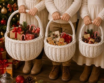May include: Three white woven wicker baskets filled with Christmas items including wrapped gift boxes, gingerbread cookies, pinecones, and candy canes. The baskets feature sturdy arched handles and are held by individuals wearing cream-colored sweaters.
