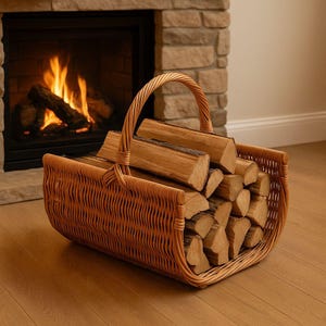 Handgefertigter Weidenkorb für Brennholz | Rustikaler Holzhalter für Kaminträger | Gewebter Aufbewahrungskorb | Ökologische Wohndekoration | Einweihungsgeschenk
