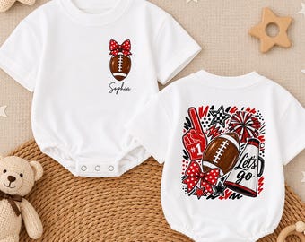 Personalized Football Cheer Baby Romper, Custom Name Game Day Outfit, Cheerleader Bow Bodysuit, Sports Baby Shower Gift