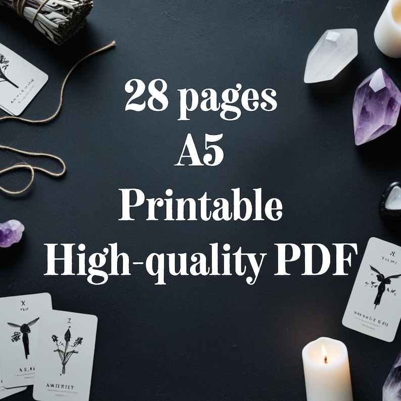 May include: A dark background with the text "28 pages A5 Printable High-quality PDF". The image also features tarot cards, crystals, a lit candle, and a bundle of sage. The overall theme suggests a spiritual or metaphysical product.