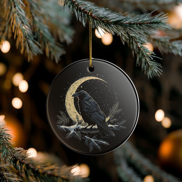 Mystical Moon and Raven Ceramic Ornament | Magical Pagan Tree Decor, Winter Solstice Yule Decoration, Witchy Aesthetic Christmas Gift idea