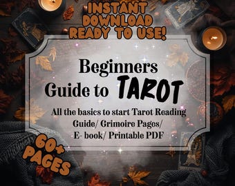 May include: A digital download graphic with the text "Beginners Guide to Tarot." The image features a dark wooden background with autumn leaves, lit candles, and tarot cards. Text includes "Instant Download Ready to Use!" and "60+ Pages."
