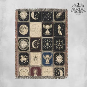 May include: Woven throw blanket with a repeating pattern of celestial and mystical symbols in shades of black, beige, and burgundy. The design includes suns, moons, stars, and hourglasses. The blanket has a fringed edge and the text "NORDIC MAGICK DESIGN".
