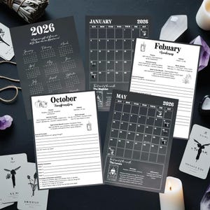 May include: A collection of black and white 2026 calendars and planner pages. The pages include monthly calendars, journal prompts, and tarot card illustrations. The calendars are designed with a mystical theme.