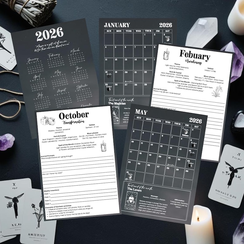 May include: A collection of black and white 2026 calendars and planner pages. The pages include monthly calendars, journal prompts, and tarot card illustrations. The calendars are designed with a mystical theme.