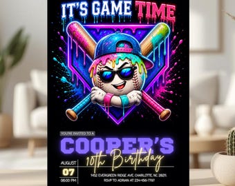 May include: A black baseball-themed birthday invitation with the text "IT'S GAME TIME" in neon colors. The invitation features a baseball character wearing sunglasses and a baseball cap, with crossed bats. The invitation is for Cooper's 10th Birthday.
