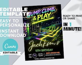 Teen Boys Kids Indoor Playground Birthday Invitation, Jump Climb & Play Party, Trampoline Park, Editable Canva Instant Download
