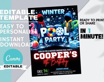 Indoor Swimming Invite, Boys Winter Pool Party Birthday Invitation, Cool Swim Theme Event, Editable Canva Instant Digital Download