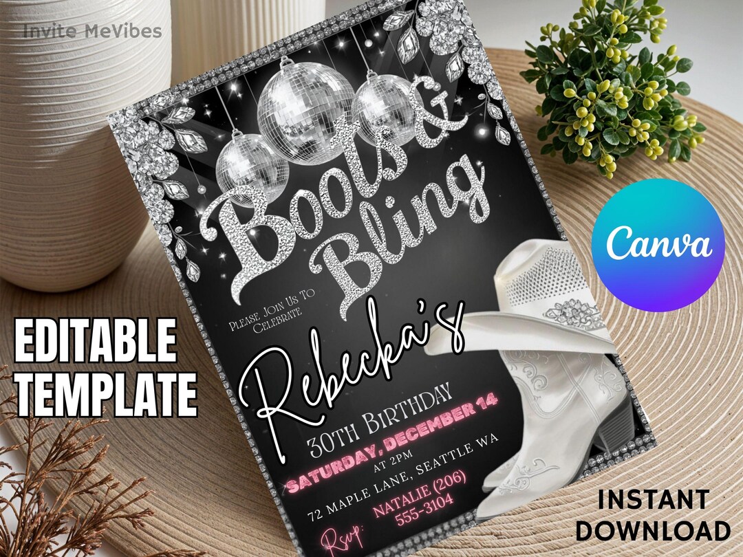 Boots & Bling Birthday Invitation | Western Disco Cowgirl Party ...