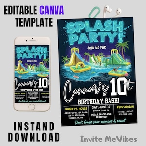 Pode incluir: Um modelo de convite digital para uma festa de aniversário com tema de festa aquática. O design apresenta uma cena de parque aquático com escorregadores e pessoas na água. O convite inclui o texto "Splash Party!" e os detalhes do evento.