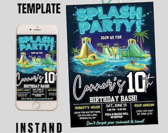 May include: A digital invitation template for a splash party birthday bash. The design features a water park scene with slides and people in the water. The invitation includes the text "Splash Party!" and event details.