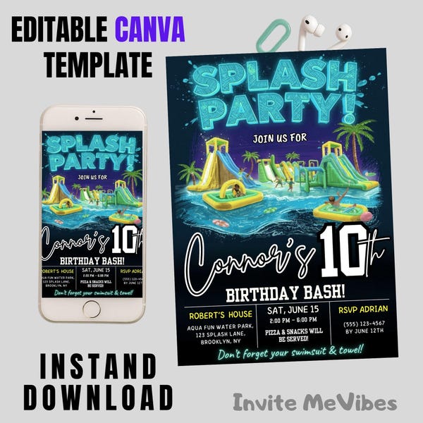 Aqua Park Splash Einladung, Wasserrutsche Birthday Bash, Wasser Park Pool Party Bearbeitbare Canva Vorlage Digitaler Download