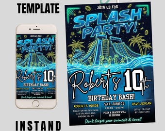 May include: A digital invitation template for a "Splash Party" birthday bash, featuring a water slide graphic in blue and green neon. The invitation includes event details, such as the date, time, and location, and is available for instant download.