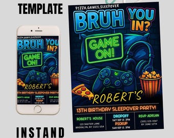 Gamer Sleepover Birthday Invitation: Game On, Pizza Party Editable Canva Template Digital Download