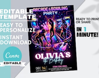 May include: Black party invitation with neon arcade and bowling graphics. Features the text "Arcade & Bowling Party" and "Olivia's 12th Birthday". Includes the text "Ready to Print or Share in 1 Minute!" and "Editable Template".