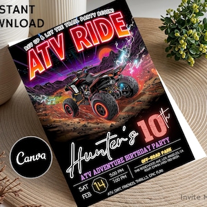 May include: Black invitation for an ATV-themed birthday party. The design features an ATV on a rugged terrain, with text that reads "ATV Ride" and "Hunter's 10th". Includes event details and the Canva logo.