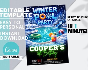 Boys Winter Pool Party Birthday Invitation, Indoor Swimming Invite, Cool Swim Theme Event Editable Canva Instant Digital Download