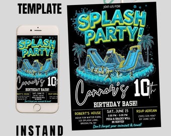 Splash Party Birthday Invitation, Pool Water Slide Bash, Summer Swim Celebration Template, Editable Canva Digital Download