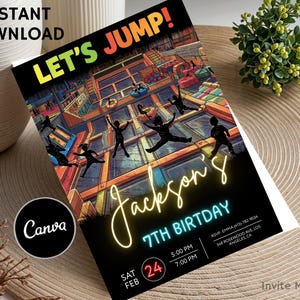May include: A black invitation card with the text "LET'S JUMP!" in colourful letters. The card features a trampoline park illustration and the text "Jackson's 7th Birthday". Includes RSVP details and the Canva logo. "Instant Download" is also written on the card.