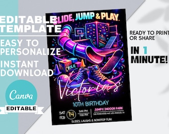 May include: A vibrant, neon-themed birthday party invitation. The design features a slide, basketball hoop, climbing wall, and sneakers. Text includes "Slide, Jump & Play," "Victoria's 10th Birthday," and "Ready to Print or Share in 1 Minute!"