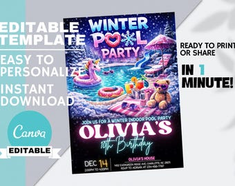 Winter Pool Party Birthday Invitation, Indoor Swimming Invite, Icy Pool Theme, Teen, Kids Girl Editable Canva, Instant Digital Download