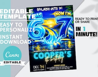 May include: A blue and yellow birthday party invitation template with the text "Splash into 7!" and "Cooper's 8th birthday." The design includes a pool scene with a beach ball and surfboards. The template is editable and available for instant download.