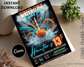 May include: A black party invitation with a waterside basketball theme. The design features a basketball, water slides, and the text "Hunter's 13th". The invitation includes event details and the Canva logo.