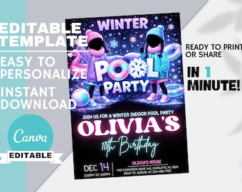 Kids Winter Pool Party Birthday Invitation, Girls Indoor Swimming Invite, Icy Pool Theme Editable Canva, Instant Digital Download