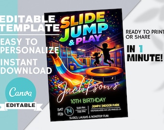 May include: A vibrant invitation design for a birthday party, featuring the text "SLIDE JUMP & PLAY" in colorful letters. The design includes a colorful slide, a trampoline, and the text "Jackson's 10th Birthday". The invitation is editable and ready to print.